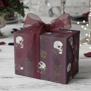 Cadeau Papier Burgundy Gothique Crâne & Rayures de Roses