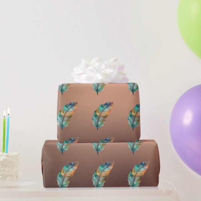 Cadeau Papier de couleur cuivre brillant Plumes vertes or (Cadeaux de fête)