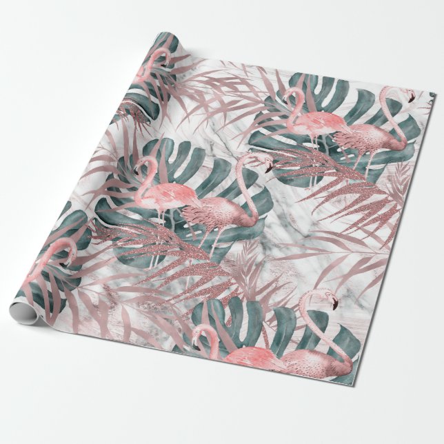Cadeau Papier de fête Rose Gold Tropical Flamingos Feuill (Déroulé)