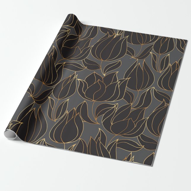 Cadeau Papier de luxe noir et or tulipe floral sans soudu (Déroulé)