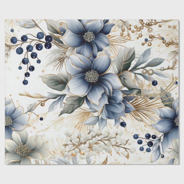 Cadeau Papier de Noël Bleu et Or Élégant (Plat)