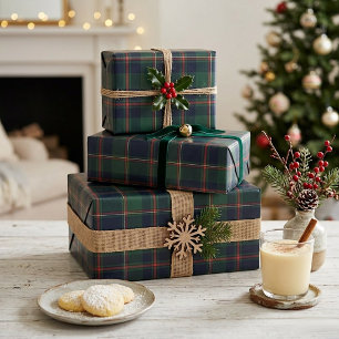 Cadeau Papier d'emballage à carreaux bleu marine rouge et