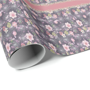 Cadeau Papier d'emballage à motif faux floral rose et ray