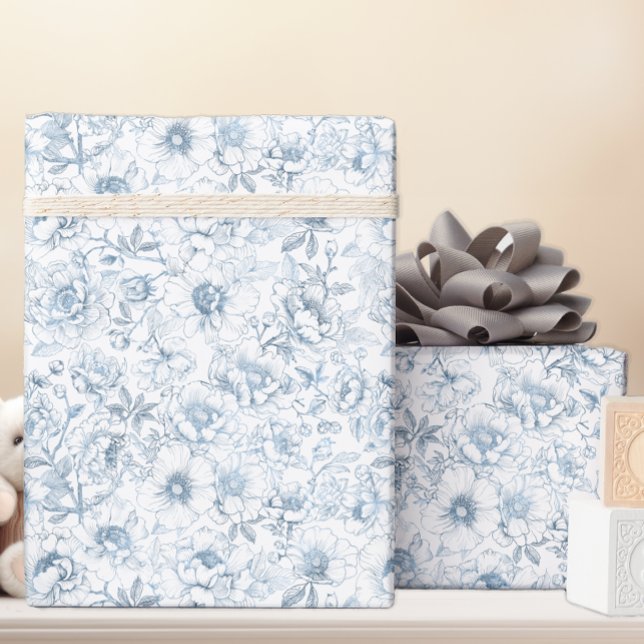 Cadeau Papier d'emballage à motif floral bleu de style ch (Dusty Blue Floral Gift Wrap)