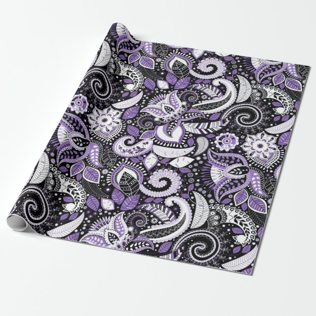 Cadeau Papier d'emballage à motif paisley blanc et violet (Déroulé)