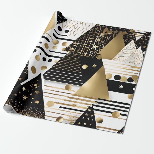 Cadeau papier d'emballage abstrait en or et en triangles  (Déroulé)
