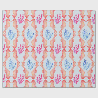 Cadeau Papier d'emballage Aquarelle Hippocampe Corail Côt