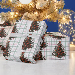 Cadeau Papier d'emballage Arbres de Noël foncés à carreau