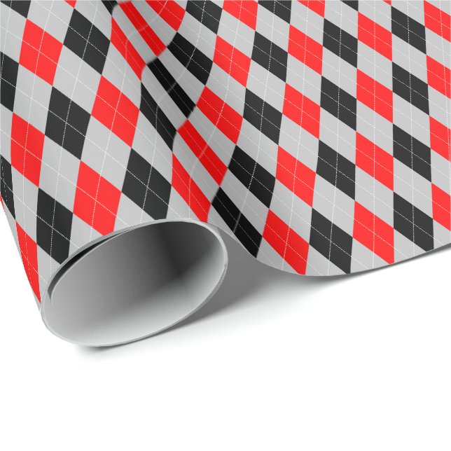 Cadeau Papier d'emballage Argyle Rouge, Noir et Gris (Coin rond)