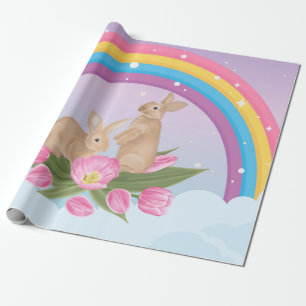 Cadeau papier d'emballage avec arc-en-ciel et lapins