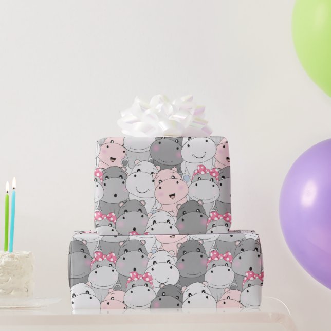 Cadeau Papier d'emballage avec de mignons bébés hippopota (Cadeaux de fête)