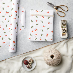 Cadeau Papier d'emballage blanc aux baies et feuilles d'a