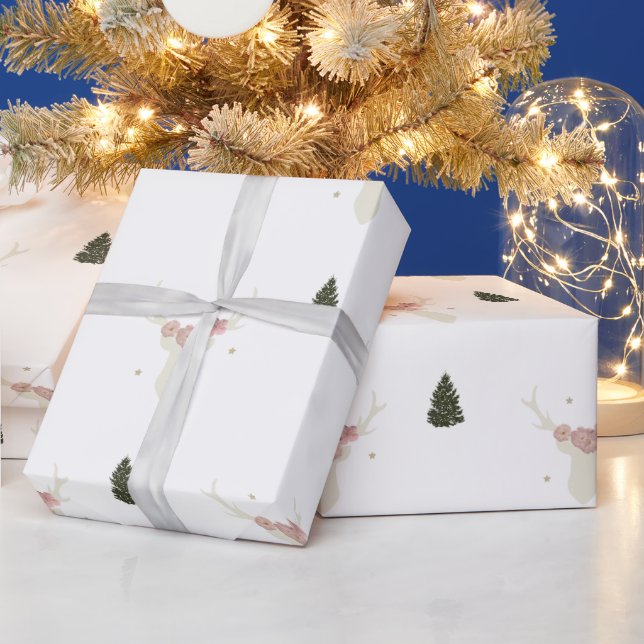 Cadeau papier d'emballage blanc Reindeer Christmas tree (Vacances)