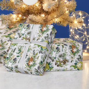 Cadeau papier d'emballage botanique d'hiver avec neige