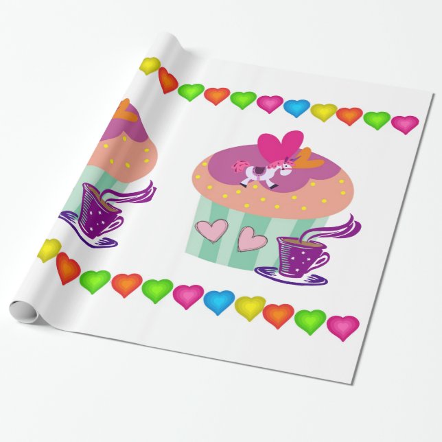 Cadeau Papier d'emballage brillant, cœurs colorés Cupcake (Déroulé)