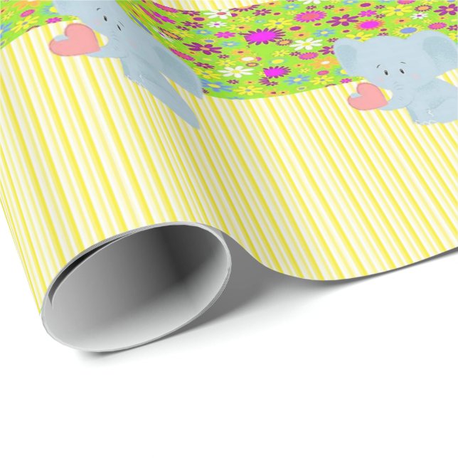 Cadeau Papier d'emballage brillant Éléphant rayure jaune (Coin rond)