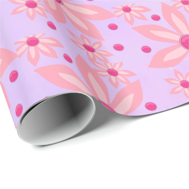 Cadeau Papier d'emballage brillant Fleurs roses (Coin rond)