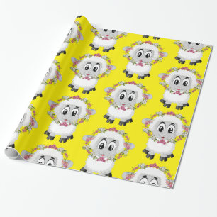 Cadeau Papier d'emballage brillant, floral mouton jaune