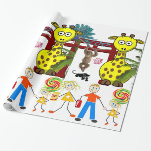 Cadeau Papier d'emballage brillant, girafe singe du zoo