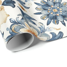 Papier d'emballage carreaux floraux bleu et beige,