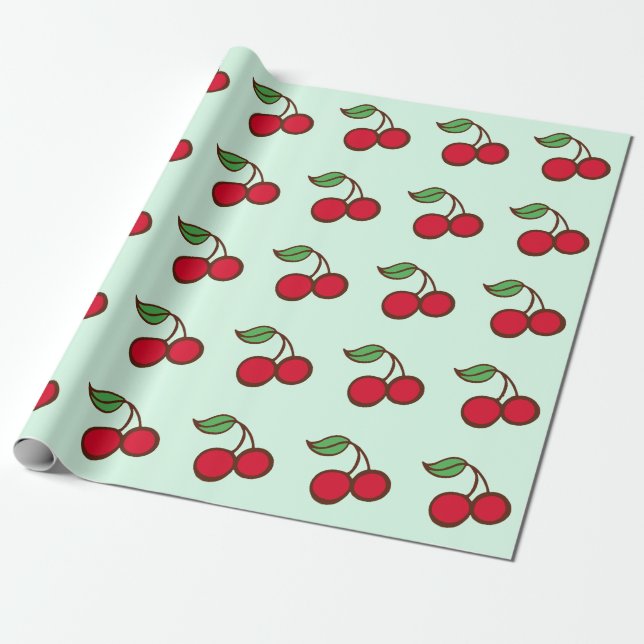 Cadeau Papier d'emballage Cerises de Noël Vert Menthe (Déroulé)