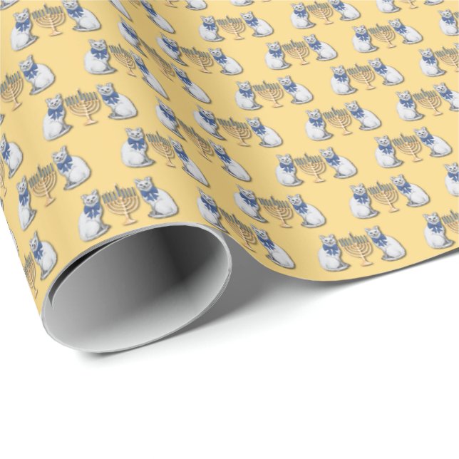 Cadeau Papier d'emballage Chats et Menorahs (Coin rond)