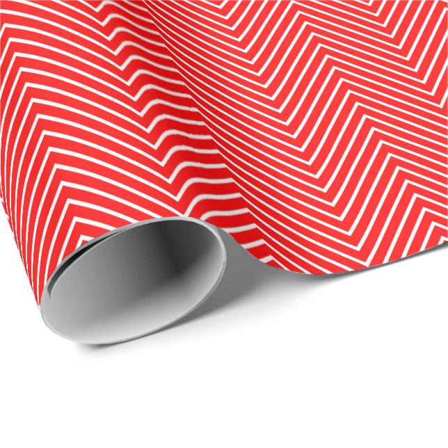 Cadeau Papier d'emballage Chevron Line - Blanc sur rouge (Coin rond)