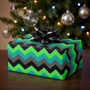 Cadeau Papier d'emballage Chevron Noir Vert Moderne Gras