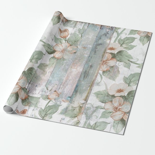 Cadeau Papier d'emballage chic minable floral et en bois (Déroulé)