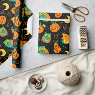 Cadeau Papier d'emballage citrouilles lune hiboux Hallowe