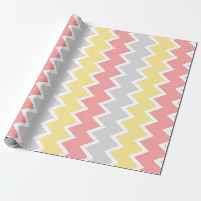 Cadeau Papier d'emballage de corail de chevron jaune et (Déroulé)