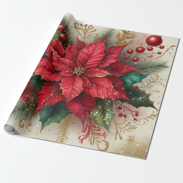 Cadeau Papier d'emballage de fleur de poinsettia rouge de (Déroulé)