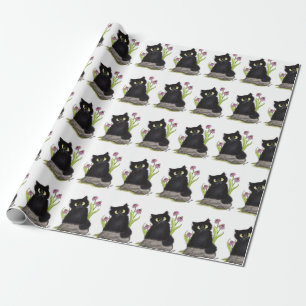Cadeau Papier d'emballage de fleurs pourpres de chat noir