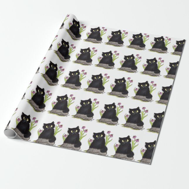 Cadeau Papier d'emballage de fleurs pourpres de chat noir (Déroulé)