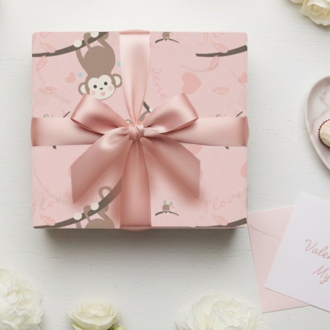 Cadeau Papier d'emballage de la Saint-Valentin singe rose (Pastel pink cute custom monkey with valentine words.)