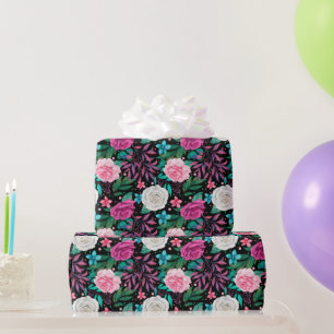 Cadeau Papier d'emballage de mariage aux roses roses blan