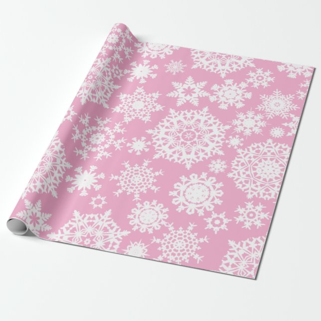 Cadeau Papier d'emballage de Noël de motif rose de flocon (Déroulé)