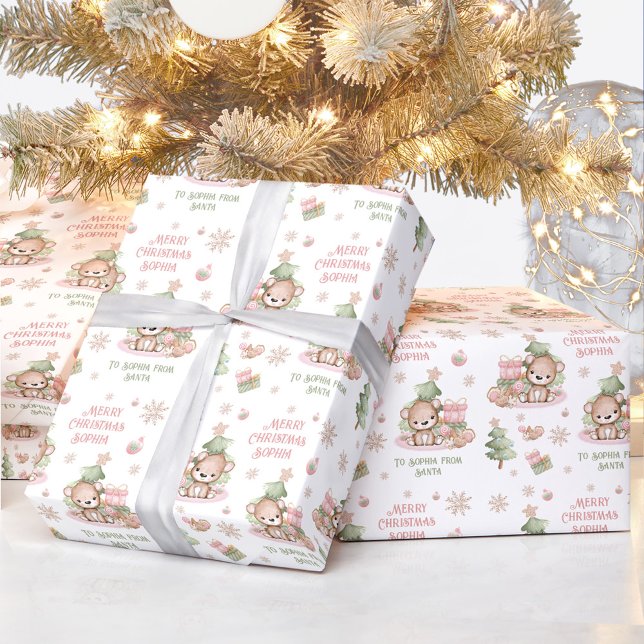 Cadeau Papier d'emballage de Noël Fille Nom Ours rose (Christmas wrapping paper Girl Name Pink Bear)