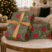 Papier d'emballage de Noël Poinsettia Rouge Vintag