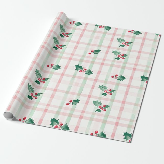 Cadeau Papier d'emballage de Noël rétro rose vert (Déroulé)