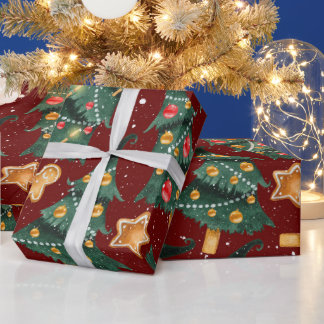 Cadeau Papier d'emballage de Noël rouge avec des sapins d