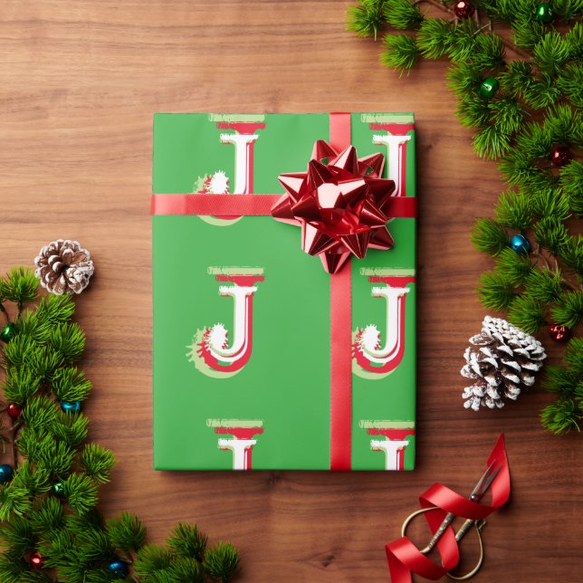 Cadeau Papier d'emballage de Noël Rouge Vert Monogramme (Cadeau de vacances)