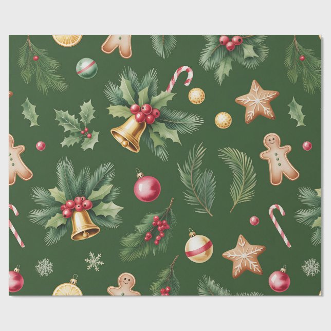 Cadeau Papier d'emballage de Noël vert rétro (Plat)
