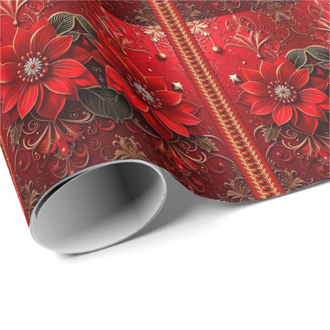 Cadeau Papier d'emballage de vacances à fleurs rouges (Coin rond)