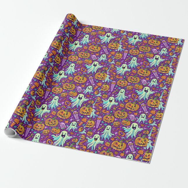 Cadeau Papier d'emballage d'Halloween avec des fantômes e (Déroulé)