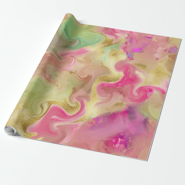 Cadeau Papier d'emballage d'impression rose, or, vert, ma (Déroulé)