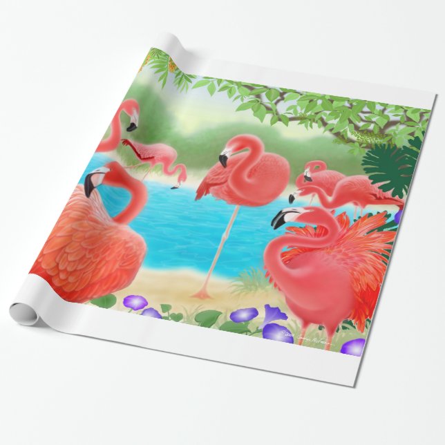 Cadeau Papier d'emballage d'oiseaux roses tropicaux de (Déroulé)