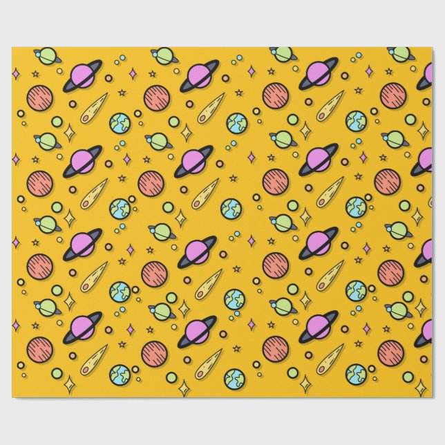 Cadeau Papier d'emballage Doodle spatial coloré (Plat)