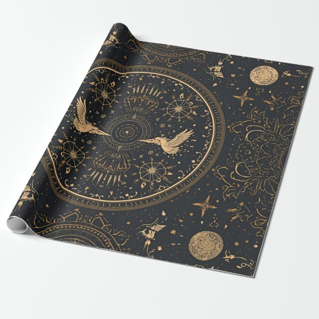 Cadeau Papier d'emballage doré céleste – Étoile gothique  (Déroulé)