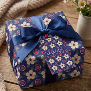 Cadeau Papier d'emballage élégant bleu marine avec fleurs